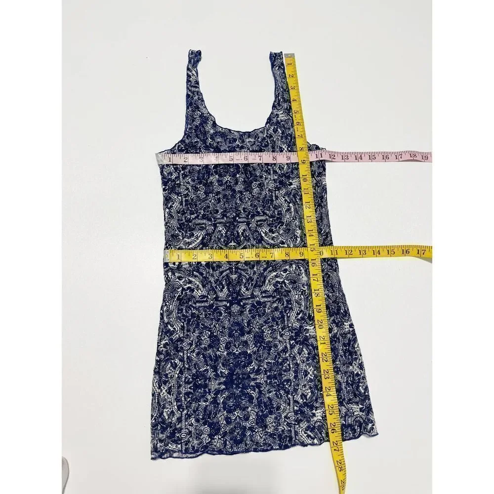 Free People Sheer Lace Printed Long Tank Top Lettuce Hem Sleeveless Blue Small‎